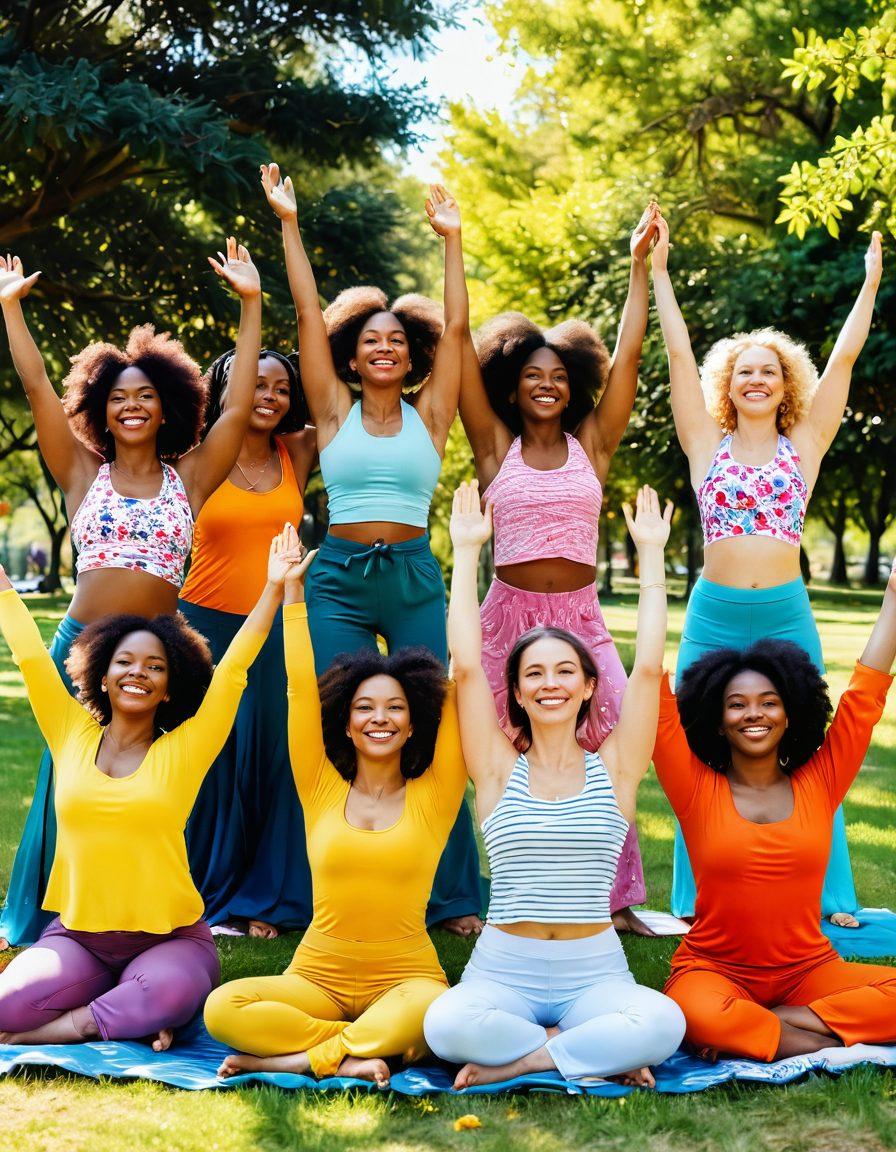 A diverse group of women of various body types joyfully celebrating together in a sunny park, surrounded by vibrant flowers. They are wearing colorful, flowing clothing that embodies freedom and confidence, with some engaging in activities like yoga and painting. Each woman radiates positivity and strength, showcasing their unique beauty. Soft, warm lighting enhances the cheerful atmosphere. digital painting. vibrant colors. inspirational.